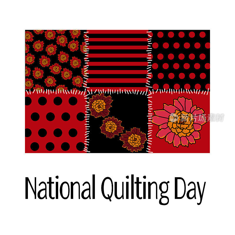 National Quilting Day, small rectangle sewn from shreds in black and red colors, for a banner or poster